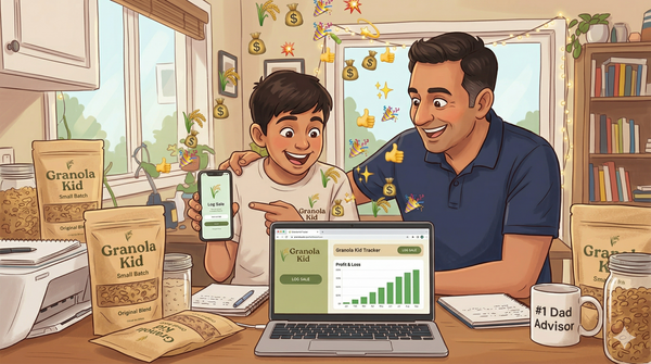 Granola kid and dad working together