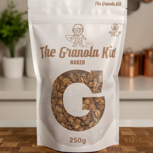 Granola Kid naked package on kitchen counter 